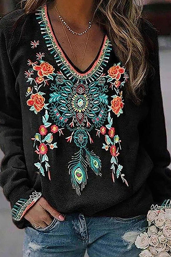 Women's T-Shirts Floral Print V-Neck Long Sleeve T-Shirt