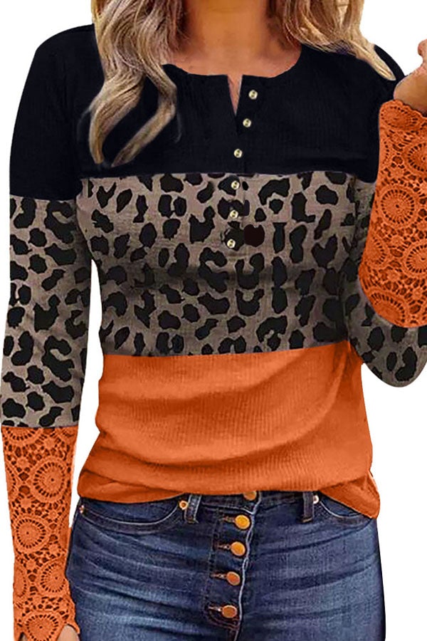 Leopard Round Neckline Long Sleeve Blouses