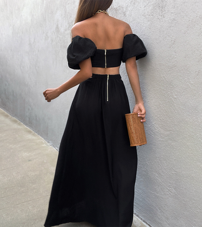 Chic Puff Sleeves Off Shoulder Top Maxi Dress Set