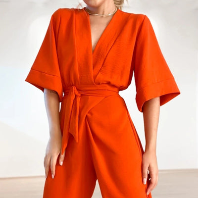 Loose V Neck Short Sleeve Tether Jumpsuit