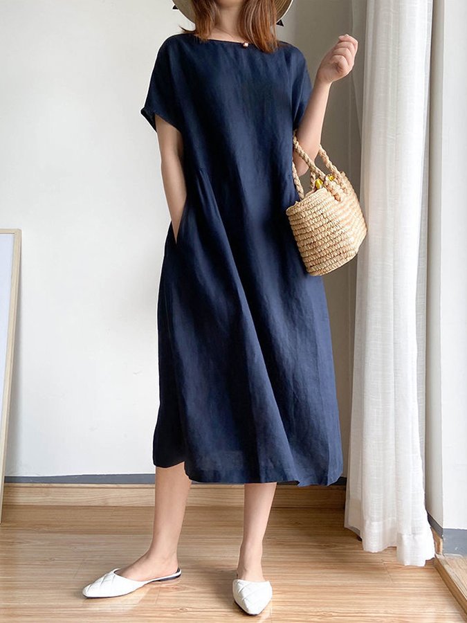 Women's Simple Literary Loose Solid Color Shift Dress