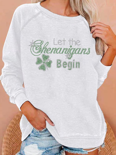 Women's Let The Shenanigans Begin Bling Lucky Shamrock Printed Sweatshirt