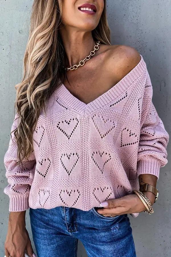 Pure Color V-neck Heart-shaped Hollow Loose Knitted Sweater