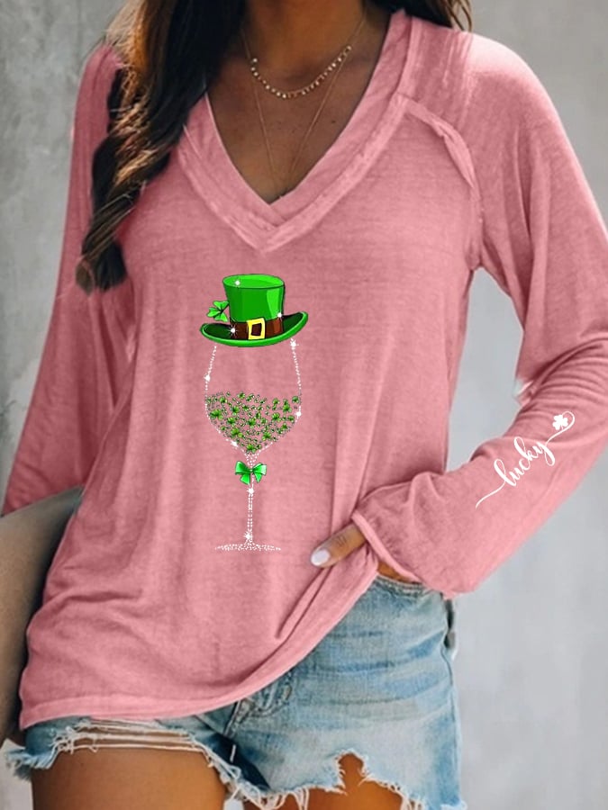 Women's St. Patrick's Day Shiny Wine Glass Lucky Shamrock Long-Sleeve T-Shirt