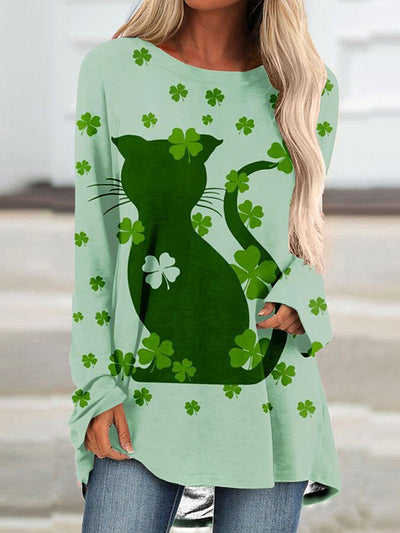 Women's Green Cat Trefoil Print Loose Crew-Neck Long Sleeve T-Shirt