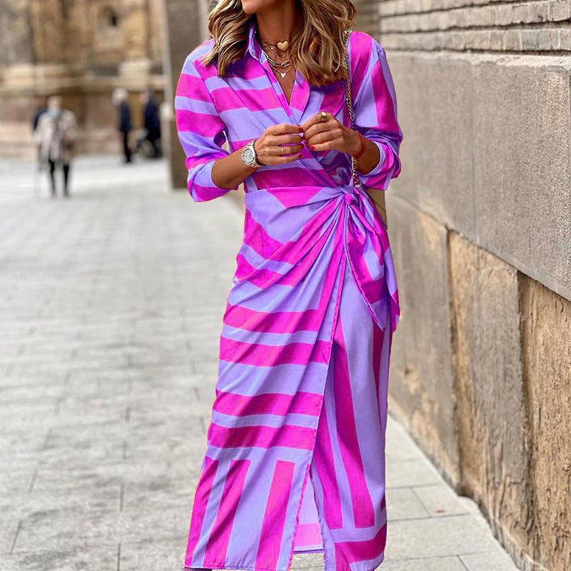 Sexy cardigan lace-up striped dress