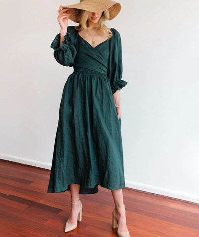 French Ruffled Lantern Sleeves Multi-wear Dress Green