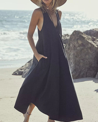 Summer Double Pocket Sleeveless Maxi Dress