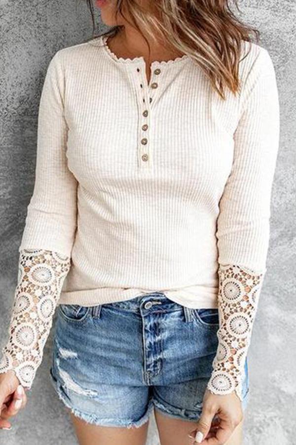 Lace Stitching Sleeve Ribbed-Knit Top