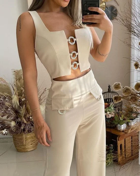 Sleeveless Hollow Casual Two-piece Suit