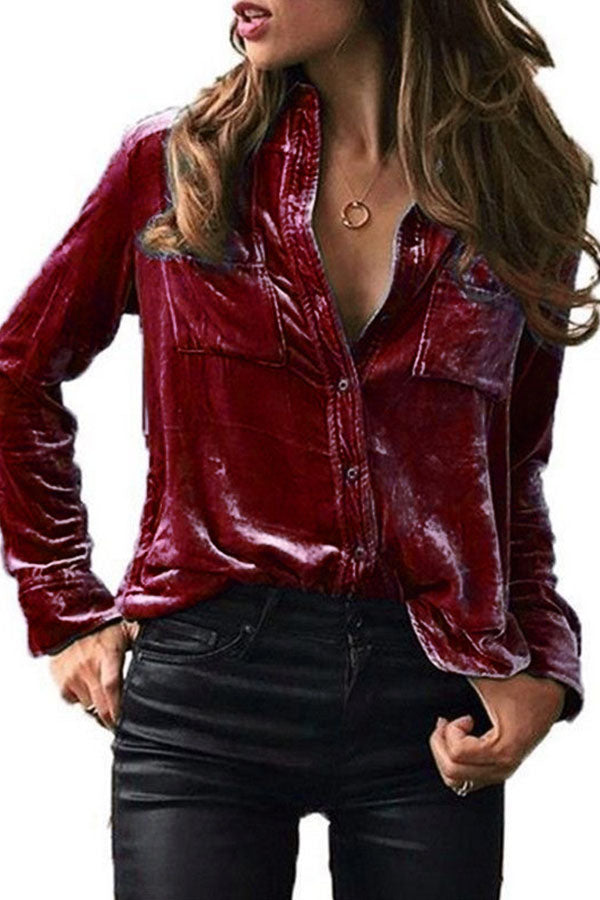 Women'S Retro Velvet Pocket Long Sleeve Shirt