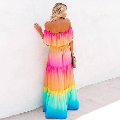 Elegant Off Shoulder Rainbow Maxi Dress