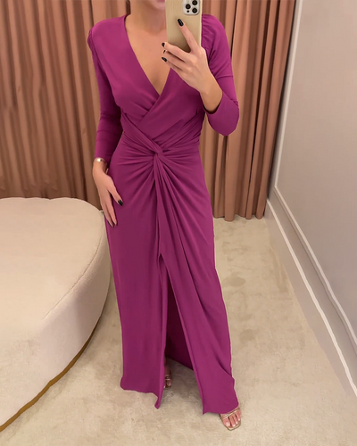 Long Sleeve Knotted Solid Slit Dress