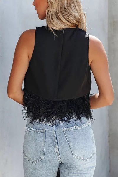 Eternally Glitzy Feather Trim Crop Tank Top