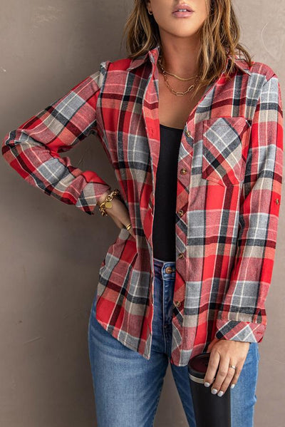 Plaid Button Blouse with Pocket