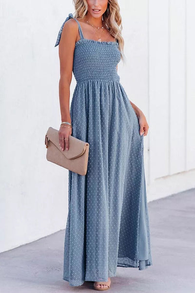 Libra Smocked Swiss Dot Slit Maxi Dress