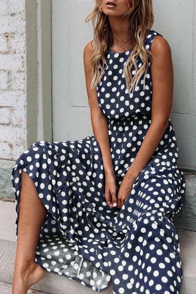 Summer Sweet Polka Dot Print Crew Neck Sleeveless Dress