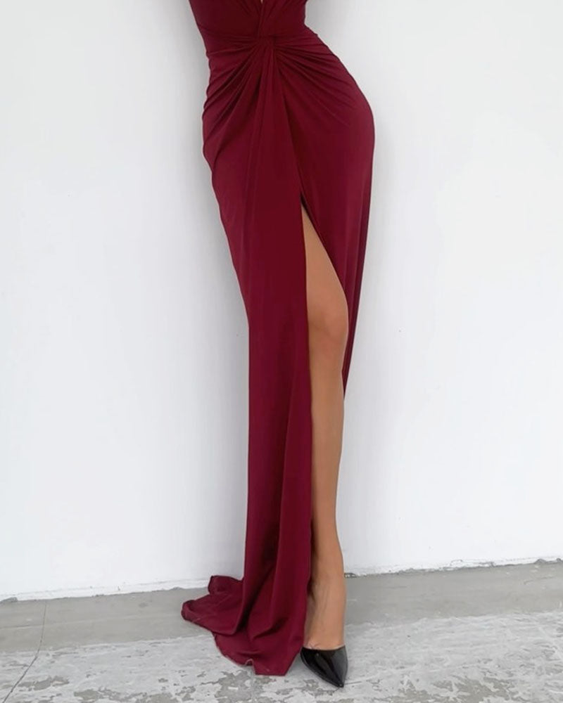 Fashion Sexy Solid Color V-neck Slit Dress