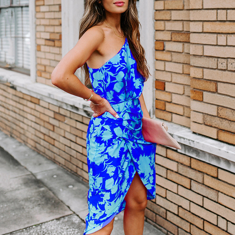 Floral One Shoulder Batwing Sleeve Midi Dress