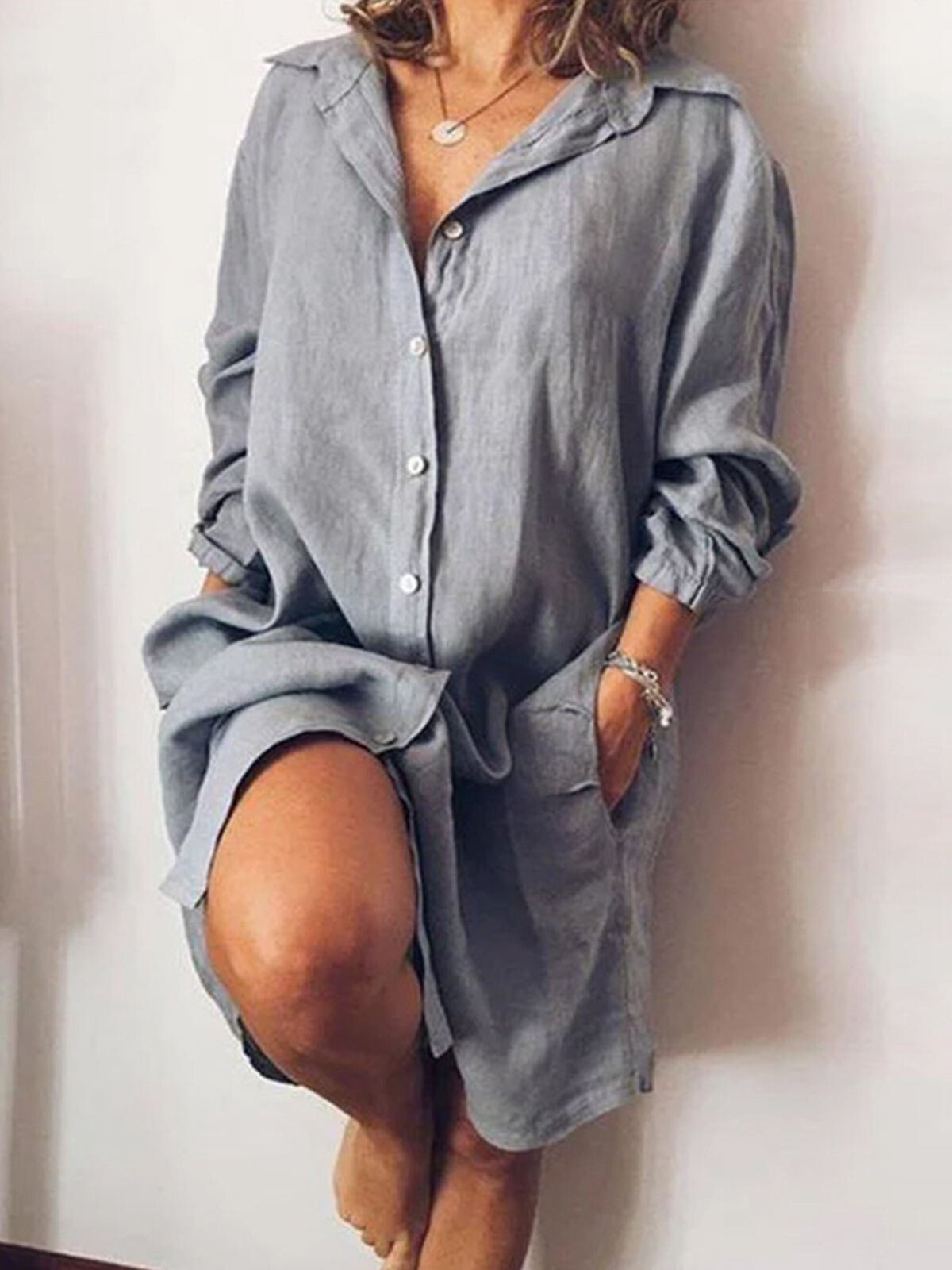 Robe chemise décontractée en coton de couleur pure pour femmes 