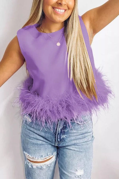 Eternally Glitzy Feather Trim Crop Tank Top