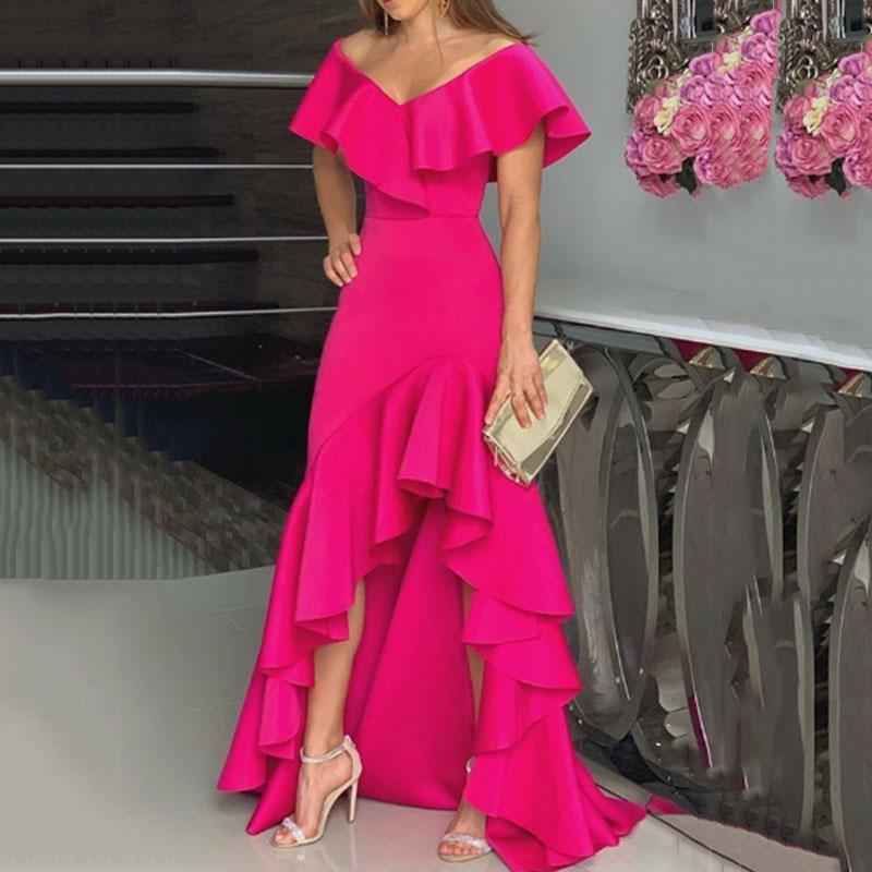 V-neck Irregular Ruffled Evening Dress