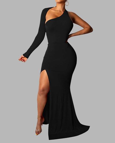 Open Back Irregular One-shoulder Long-sleeved Dress