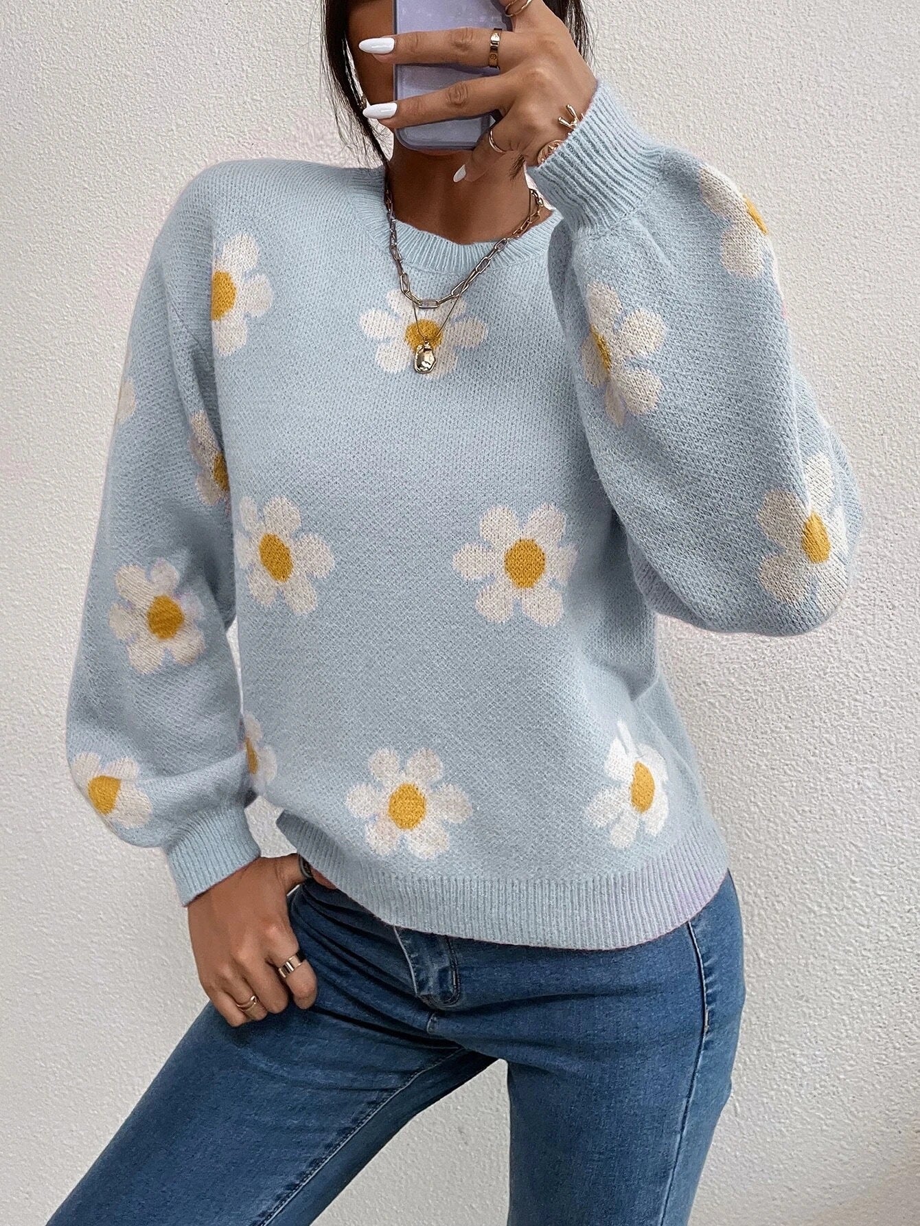 Floral Round Neck Jacquard Knitted Sweater Women's Top