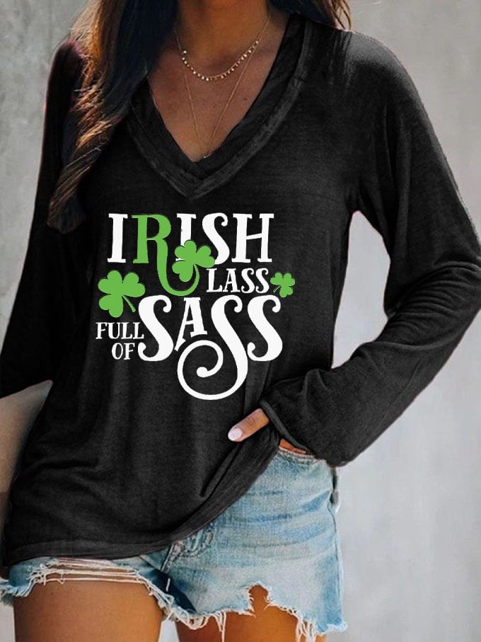 Women's St. Patrick's Irish Full of Lass Sass Print V Neck Top