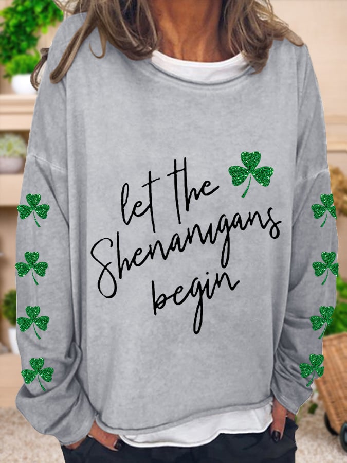 Women's St. Patrick's Day Lucky Glitter Shamrocks Casual Long-Sleeve T-Shirt