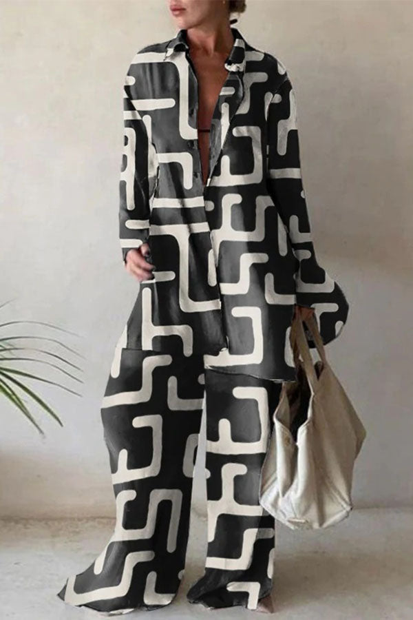 Fashion Print Loose Long Sleeve Shirt + Straight Pants Two Piece Set