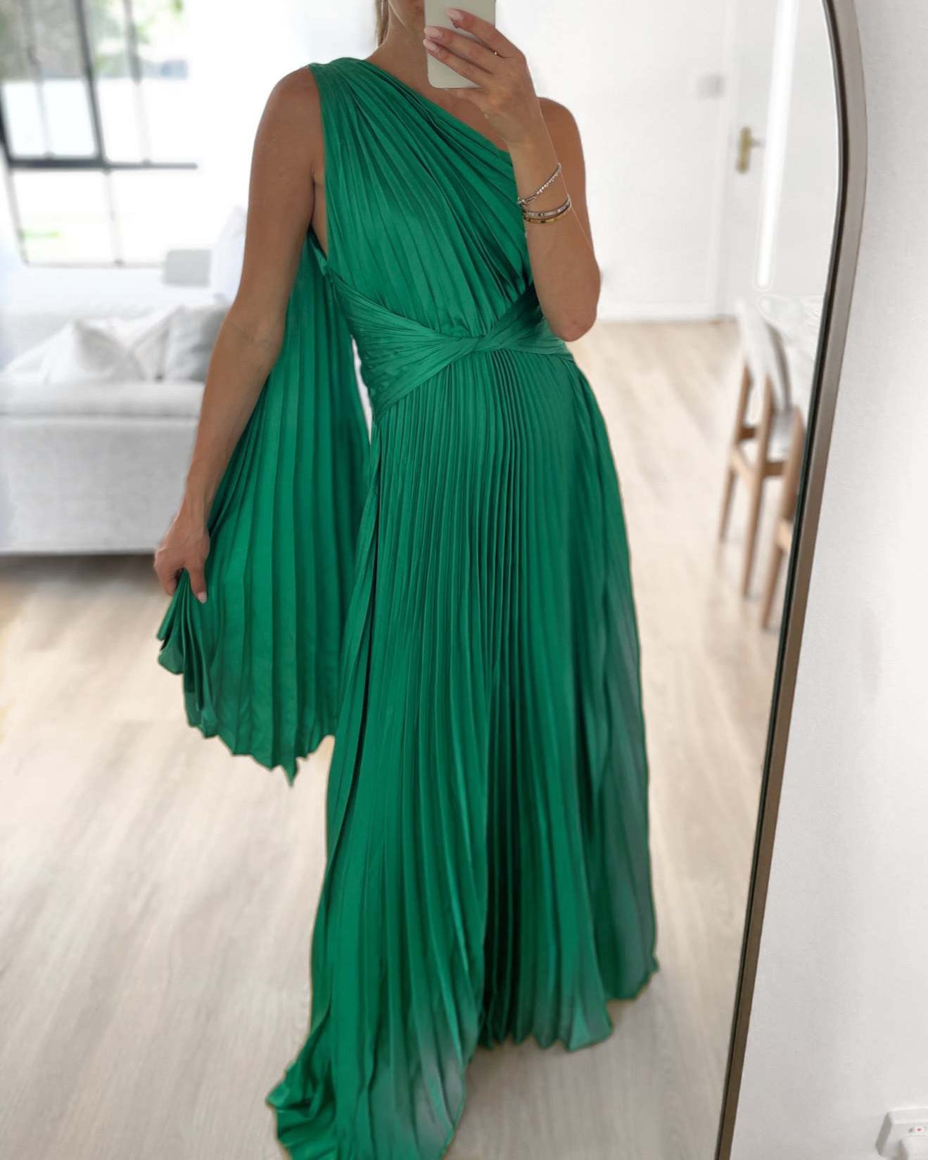 One-shoulder pleated satin dress