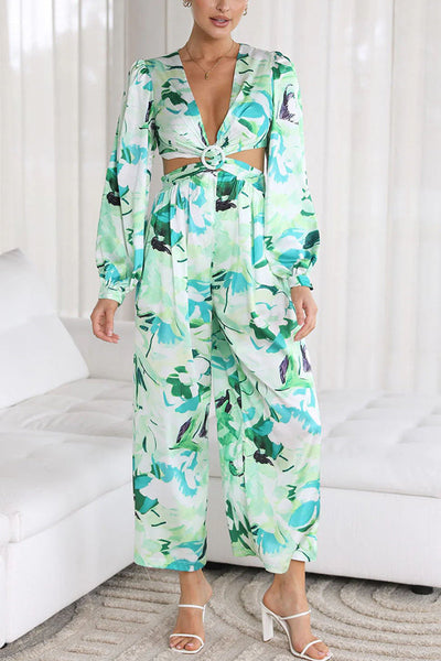 Floral Cutout Waist Pocketed Jumpsuit