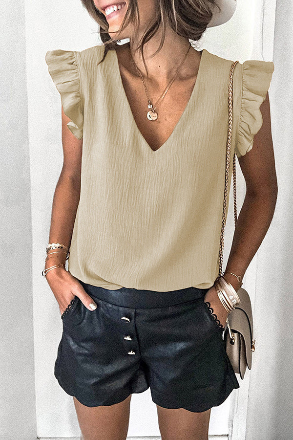 Casual T-shirt Solid V-neck Pullover Ruffle Sleeve Top