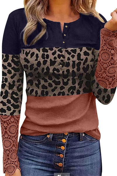 Leopard Round Neckline Long Sleeve Blouses