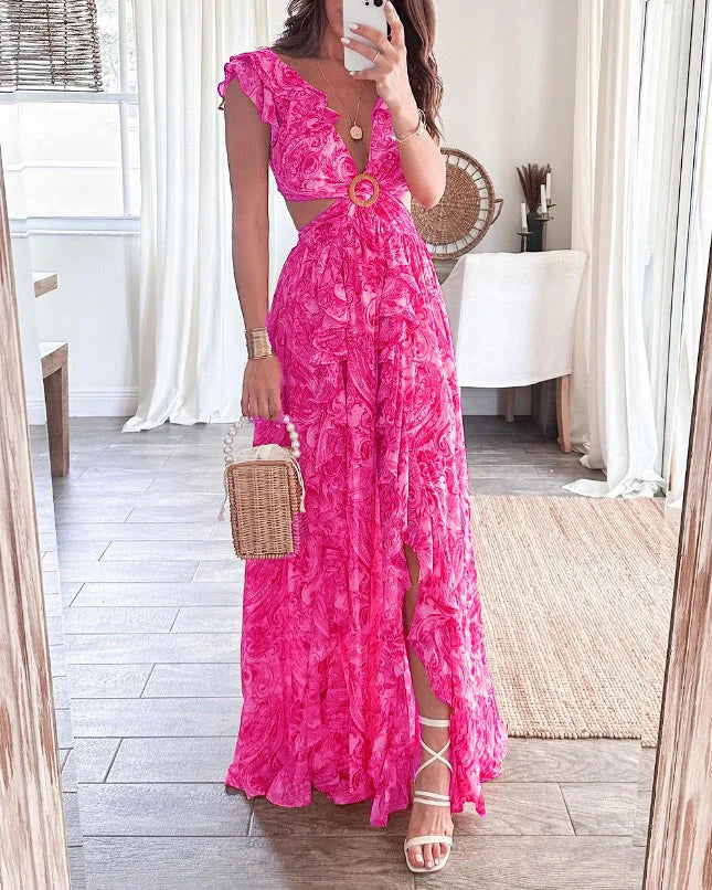 Butterfly Sleeve Print Ruffle Slit Dress