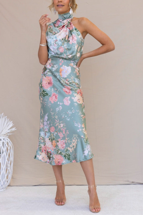 Temperament hanging neck printed satin dress