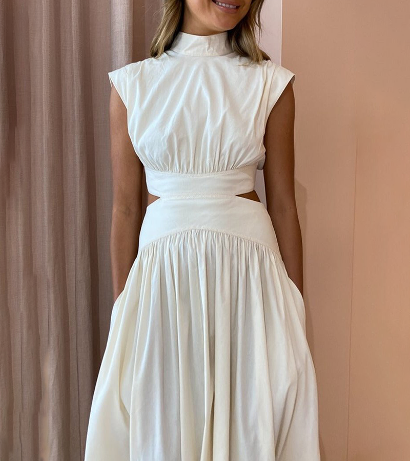 Robe longue chic à col montant, sans manches, taille sexy 