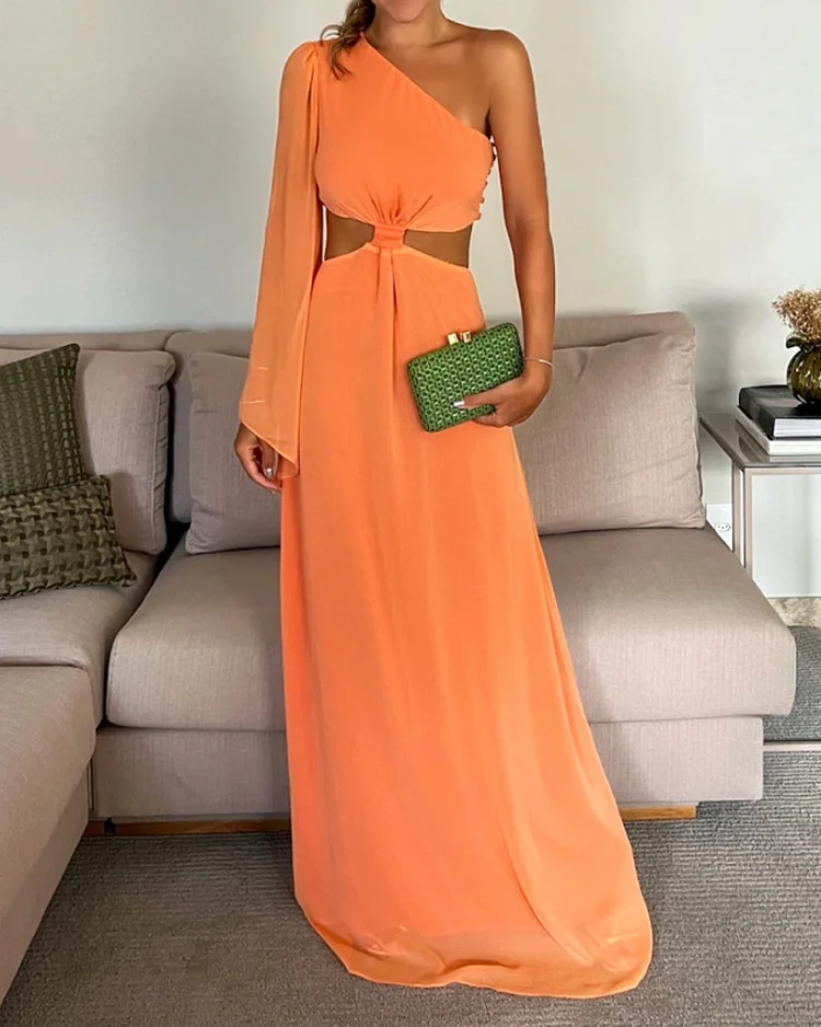 One Shoulder Chiffon Sexy Waist Maxi Dress