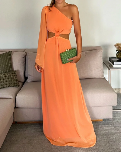 One Shoulder Chiffon Sexy Waist Maxi Dress