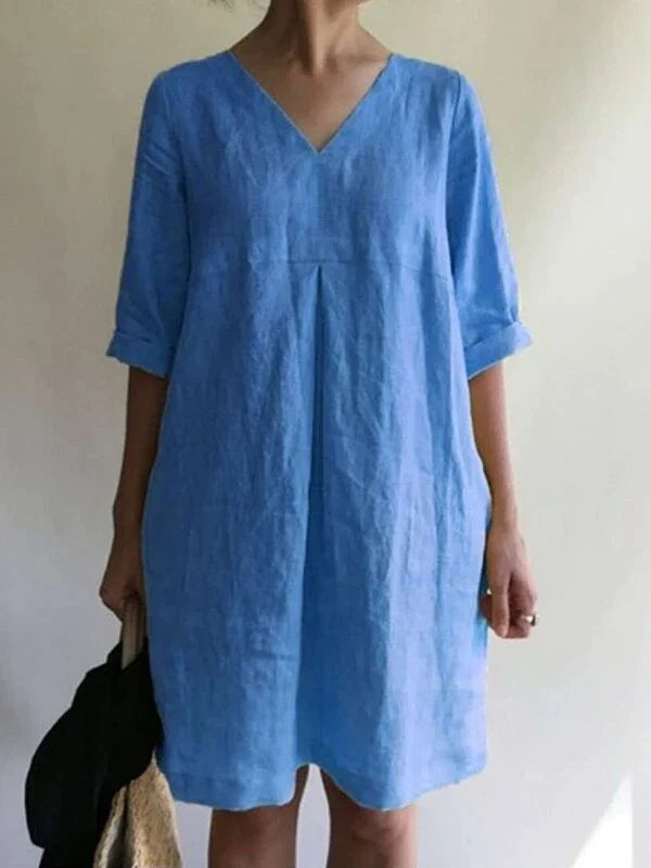 Women's V-neck Solid Color Cotton And Linen Loose Dress