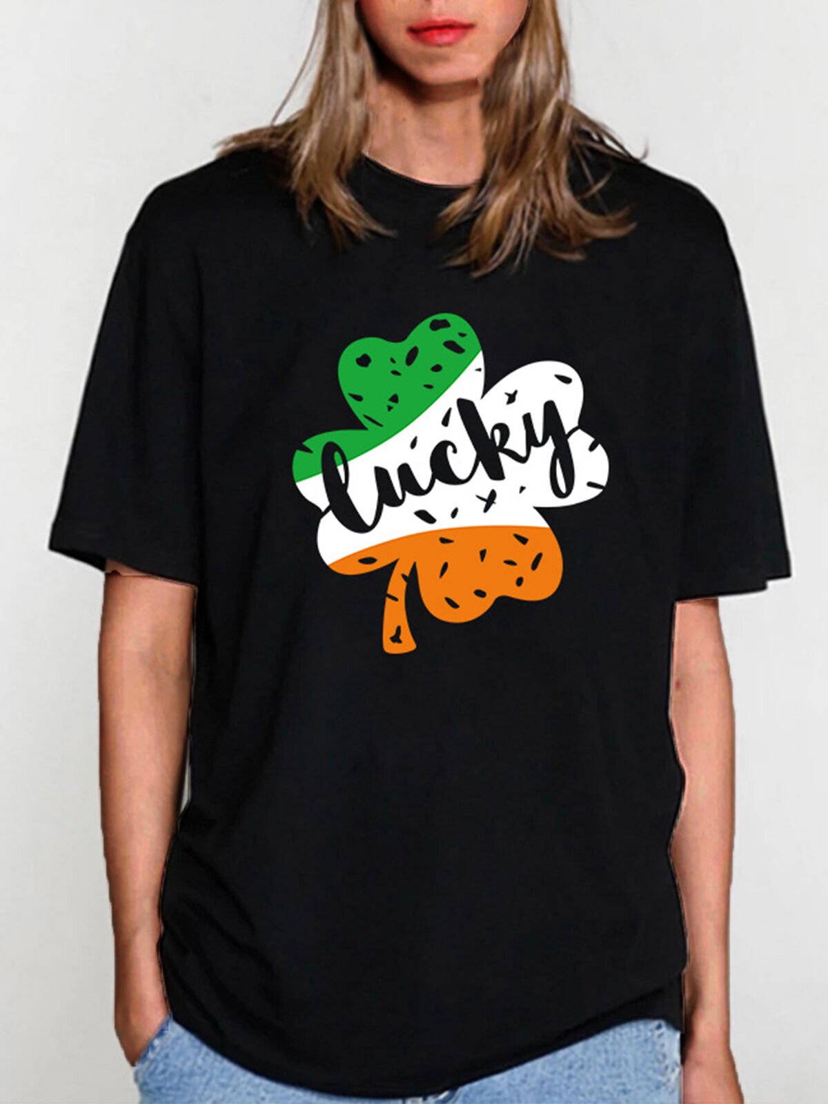 T-shirt ample à manches courtes imprimé lettres porte-bonheur de la Saint-Patrick pour femmes 