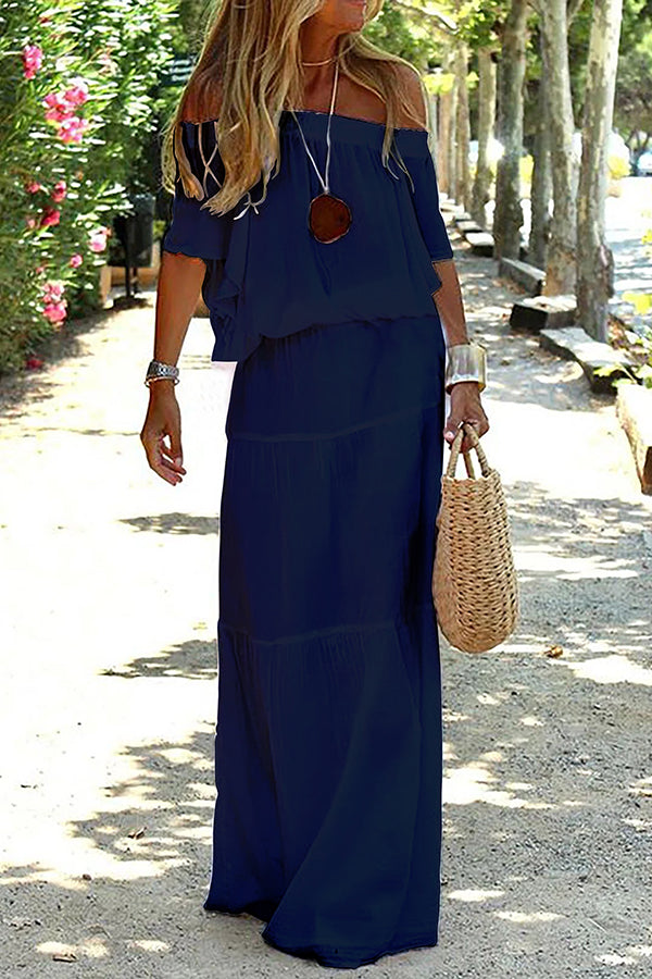 Lässiges, schulterfreies, einfarbiges Maxi-Strandkleid