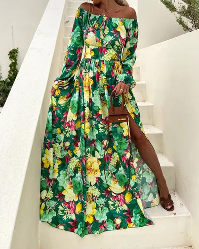 Stylish One-Line Neck Long-Sleeve Printed Slit Dress