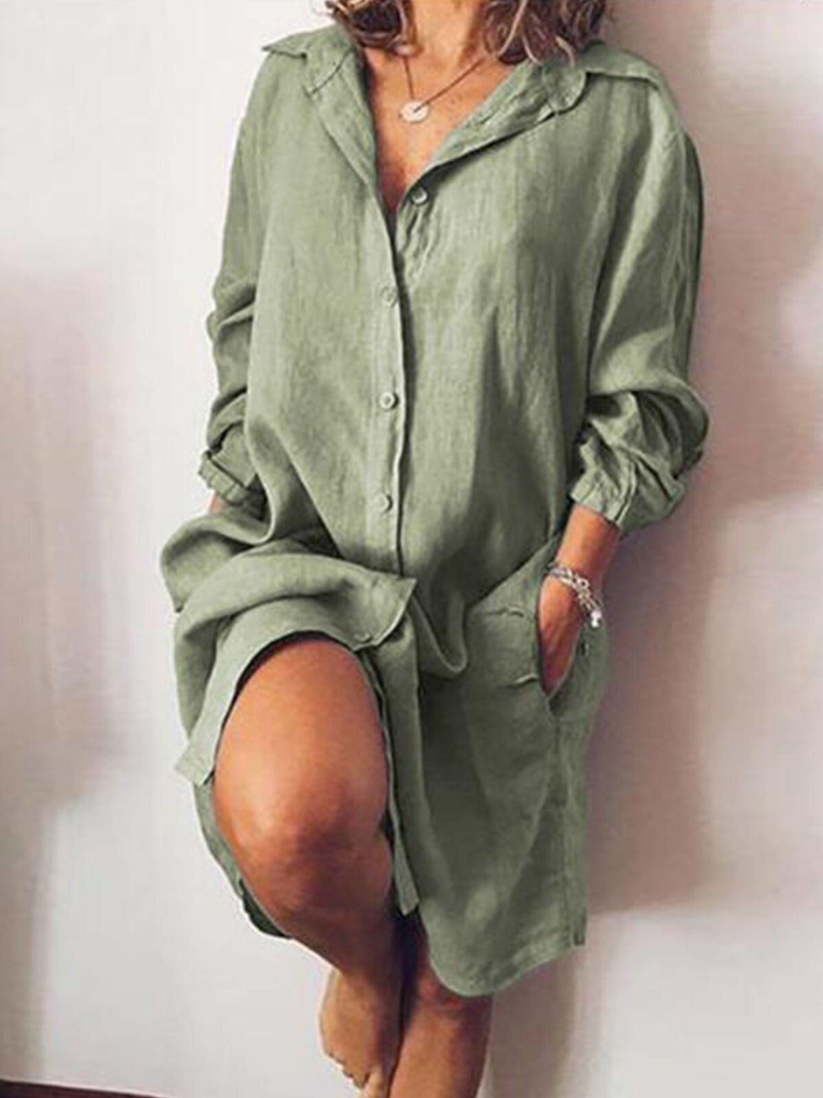 Women's Casual Pure Color Cotton Shirt Dress