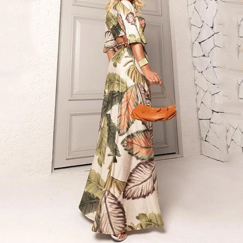 Casual Leaves Printing Maxi Dress