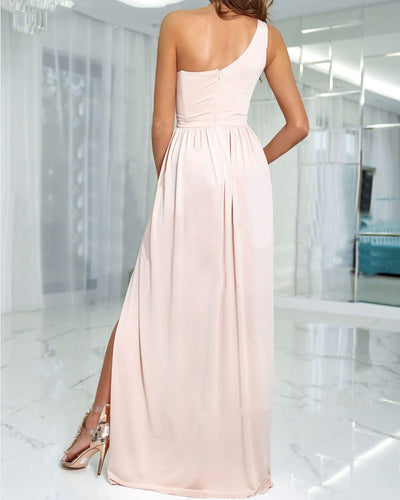 Casual Solid Color One Shoulder Slit Dress