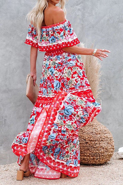 Ruffle Off Shoulder Tie Waist Printed Maxi Dress