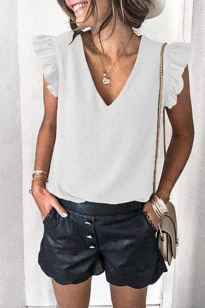 Casual T-shirt Solid V-neck Pullover Ruffle Sleeve Top