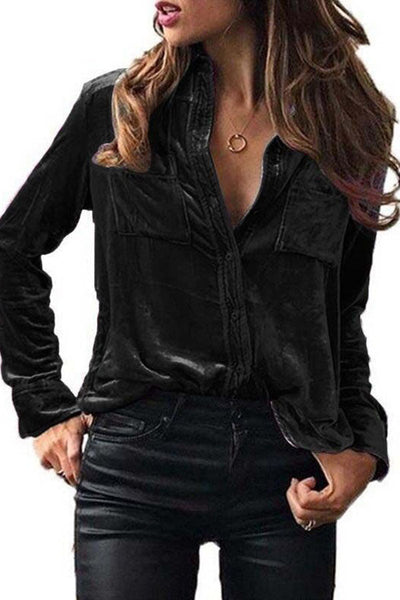 Women'S Retro Velvet Pocket Long Sleeve Shirt